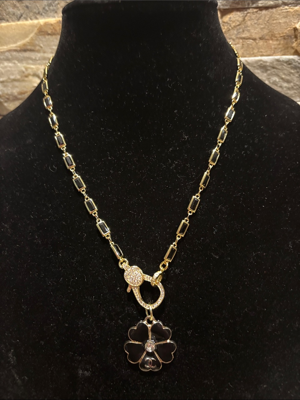 Gold-Tone CC Black Flower Pendant Necklace